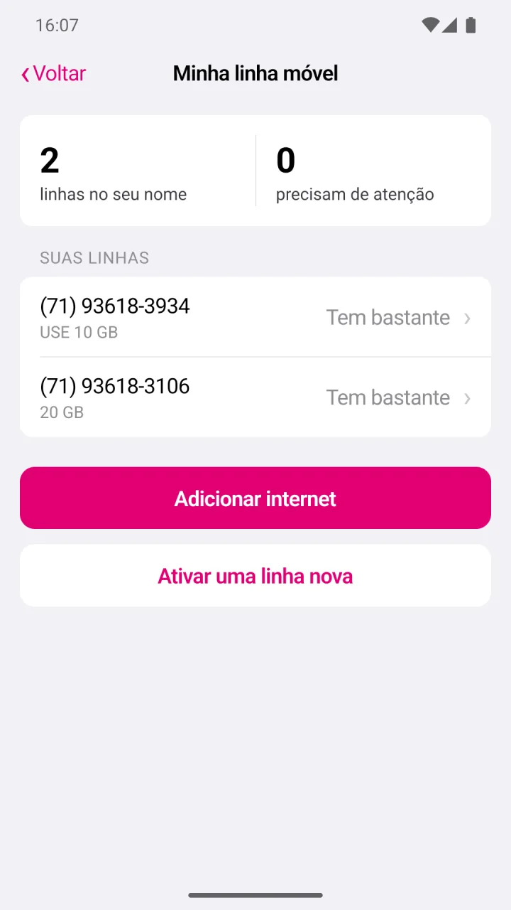 Tela Linha móvel do aplicativo Use Resolve