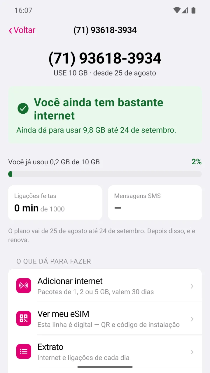 Tela Sua linha por dentro do aplicativo Use Resolve