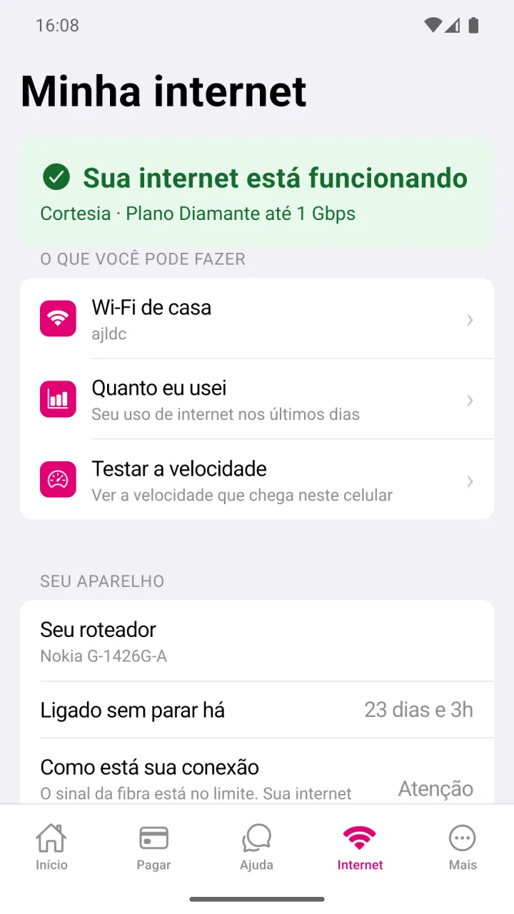 Tela Minha internet do aplicativo Use Resolve